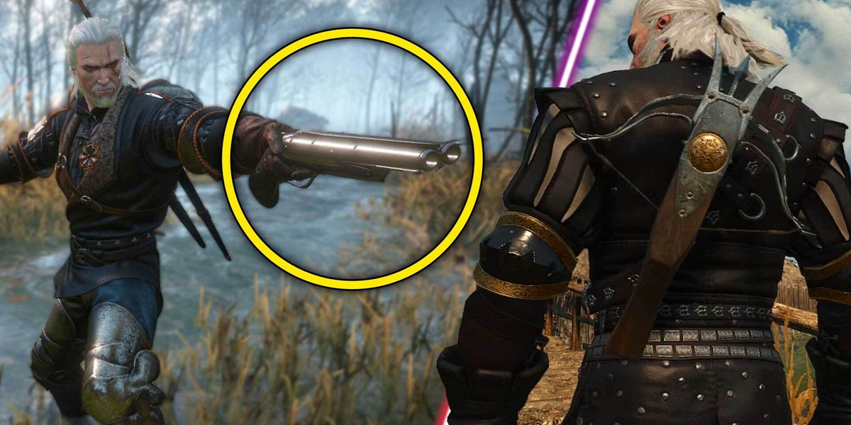 The Witcher 3's Geralt wielding a firearm.