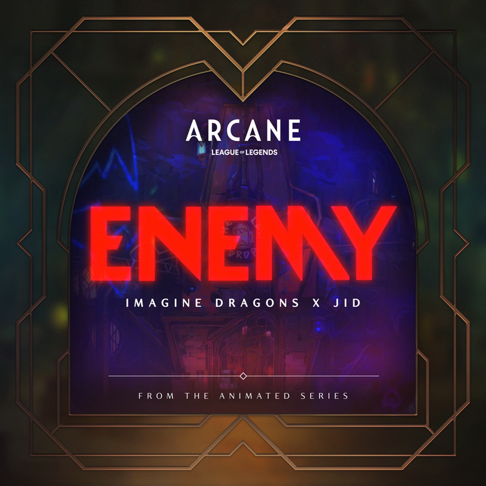 This picture depicts the official cover of League Of Legends Arcane's Enemy Soundtrack featuring Imagine Dragons and JID.