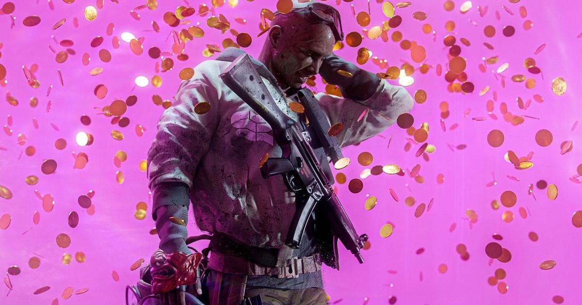 The Finals: bald man in tactical gear stood in front of pink background, surrounded by falling gold coins.