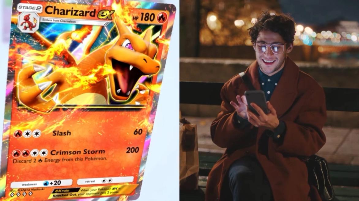 Pokémon TCG Pocket trailer footage of a 3D charizard card and a man looking very pleased with himself 