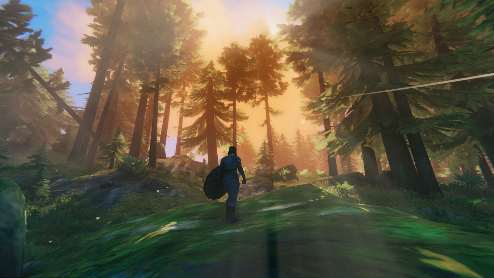 A player cresting a hill in the Forest area of Valheim. The sun shines through the trees above.