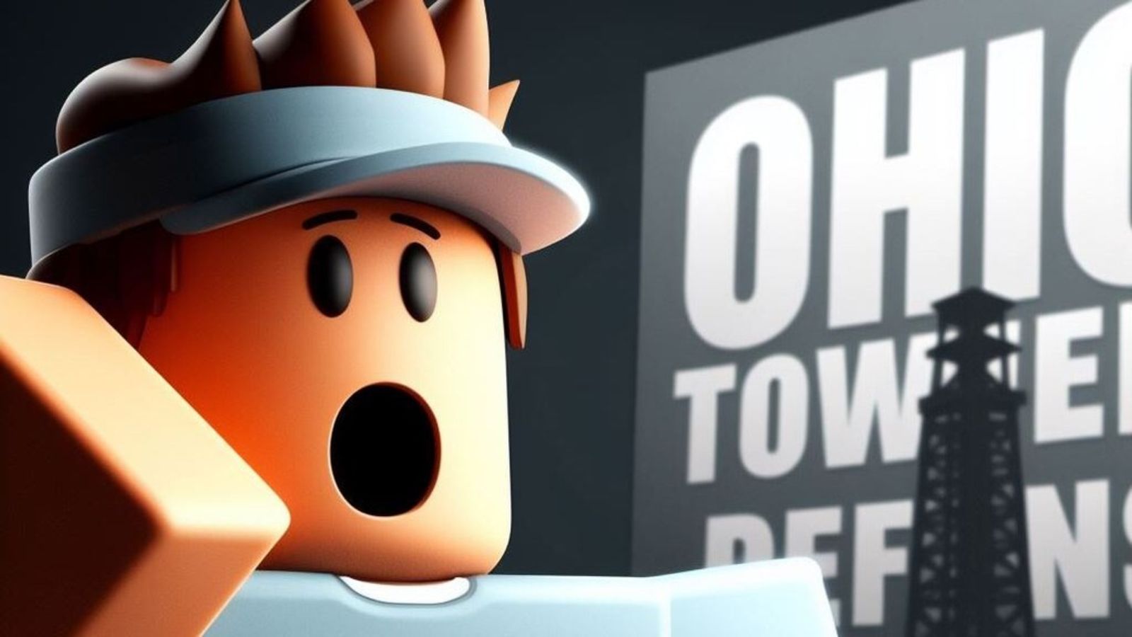 A Roblox character surprised next to a billboard labelled Ohio Tower Defense.