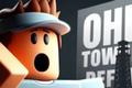 A Roblox character surprised next to a billboard labelled Ohio Tower Defense.