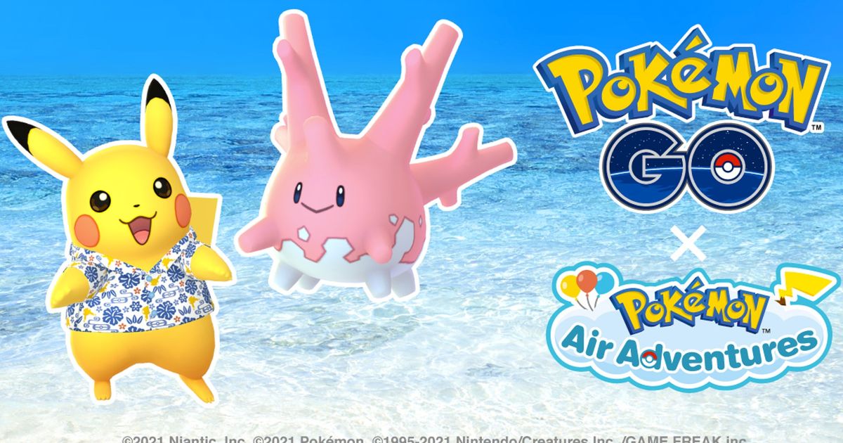 Image of a summer-themed Pikachu and Corsola in Pokémon GO