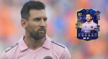 lionel messi looking at TOTY Messi card from FC 24