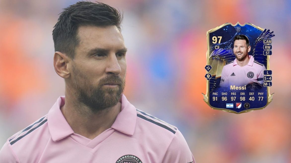 lionel messi looking at TOTY Messi card from FC 24
