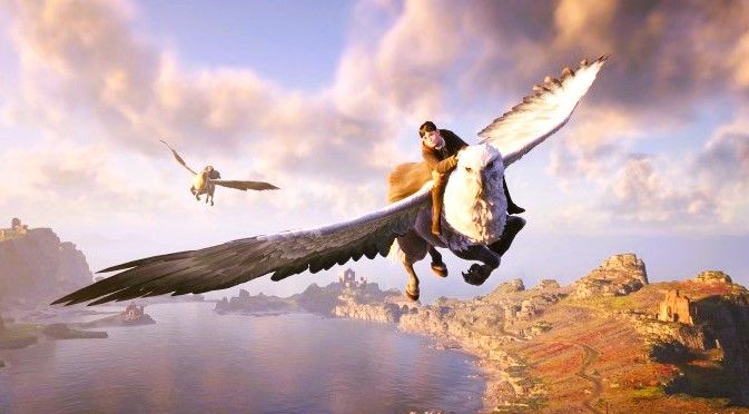 image of a player flying a hippogriff above the grounds of Hogwarts