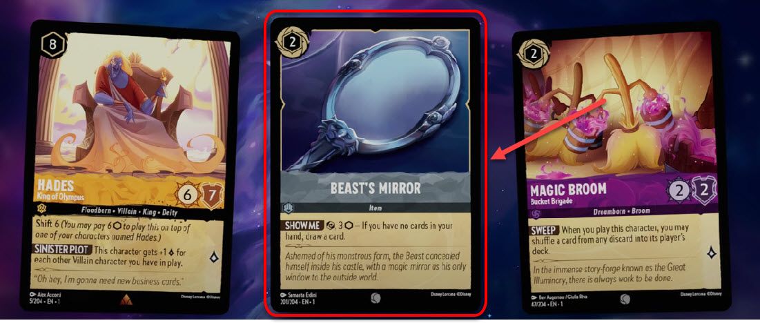 Disney Lorcana Beast's Mirror item card that allows you to draw a card if you don't have any in hand