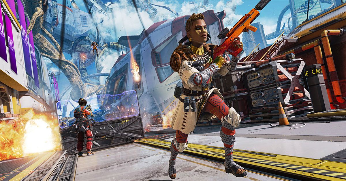 A character in white and red armour holding an orange gun in Apex Legends running from opposition.