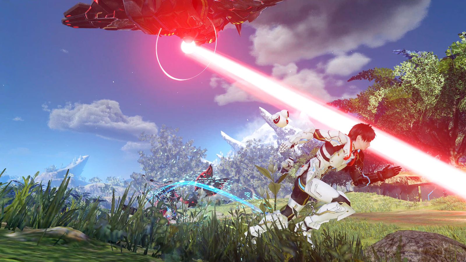 In-game image from Phantasy Star Online 2 New Genesis of a character in white armour running from a red laser being shot from a ship in the sky.