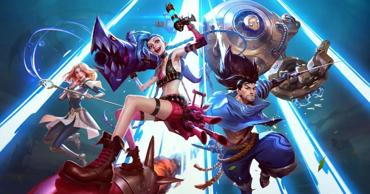 League of Legends characters including a woman with blue hair, a guy in blue holding a sword, a robot at the back, and more.