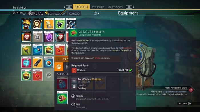 The description of and recipe for Creature Pellets, shown in the inventory of No Man's Sky.