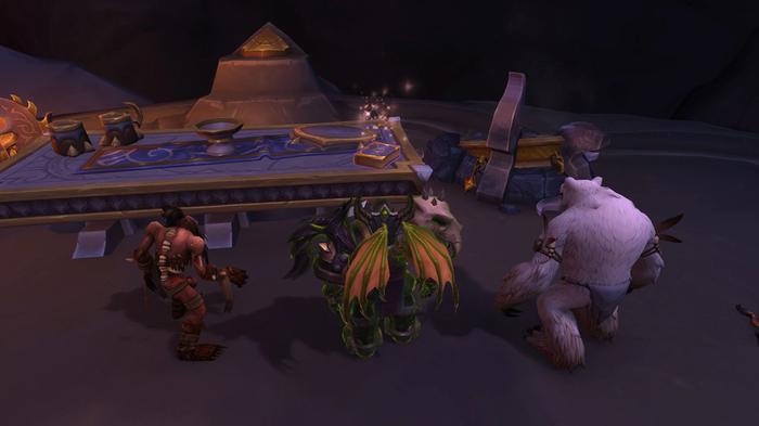 World of Warcraft character standing over the Spellworn Missive book sitting on a cluttered table