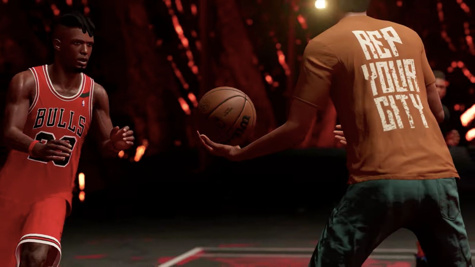 Image of two basketball players passing the ball in NBA 2K23.