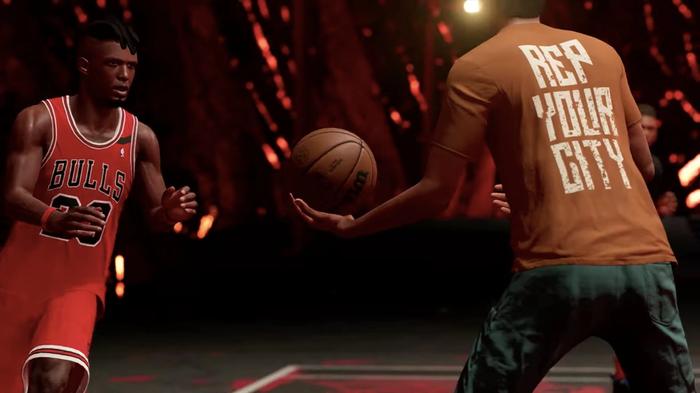 Image of two basketball players passing the ball in NBA 2K23.