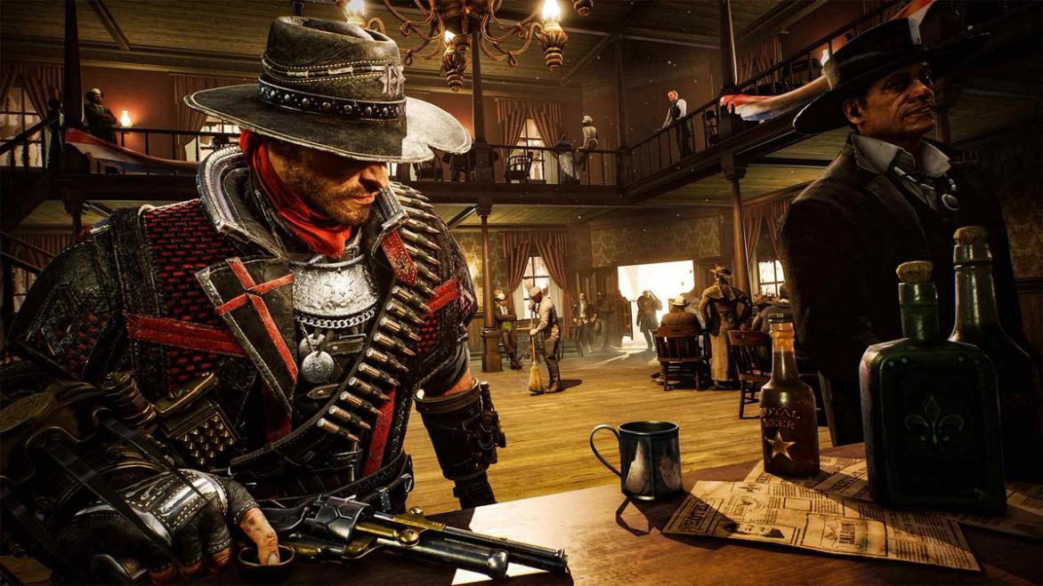 Jesse Rentier holding a gun in a saloon in Evil West