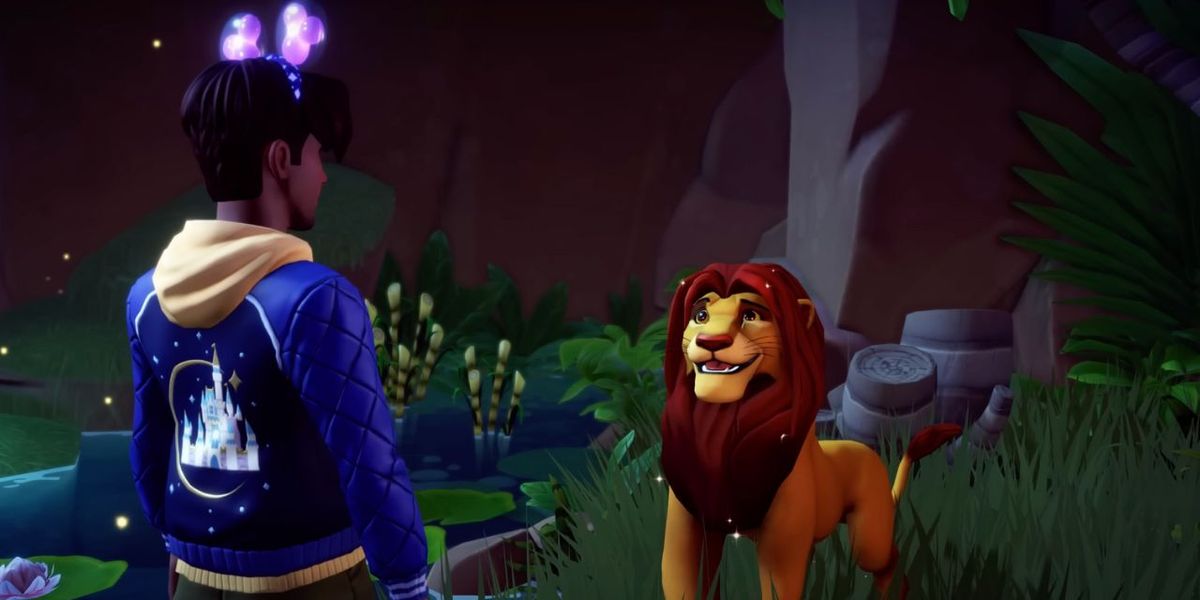 Simba talking to the player character in Disney Dreamlight Valley.