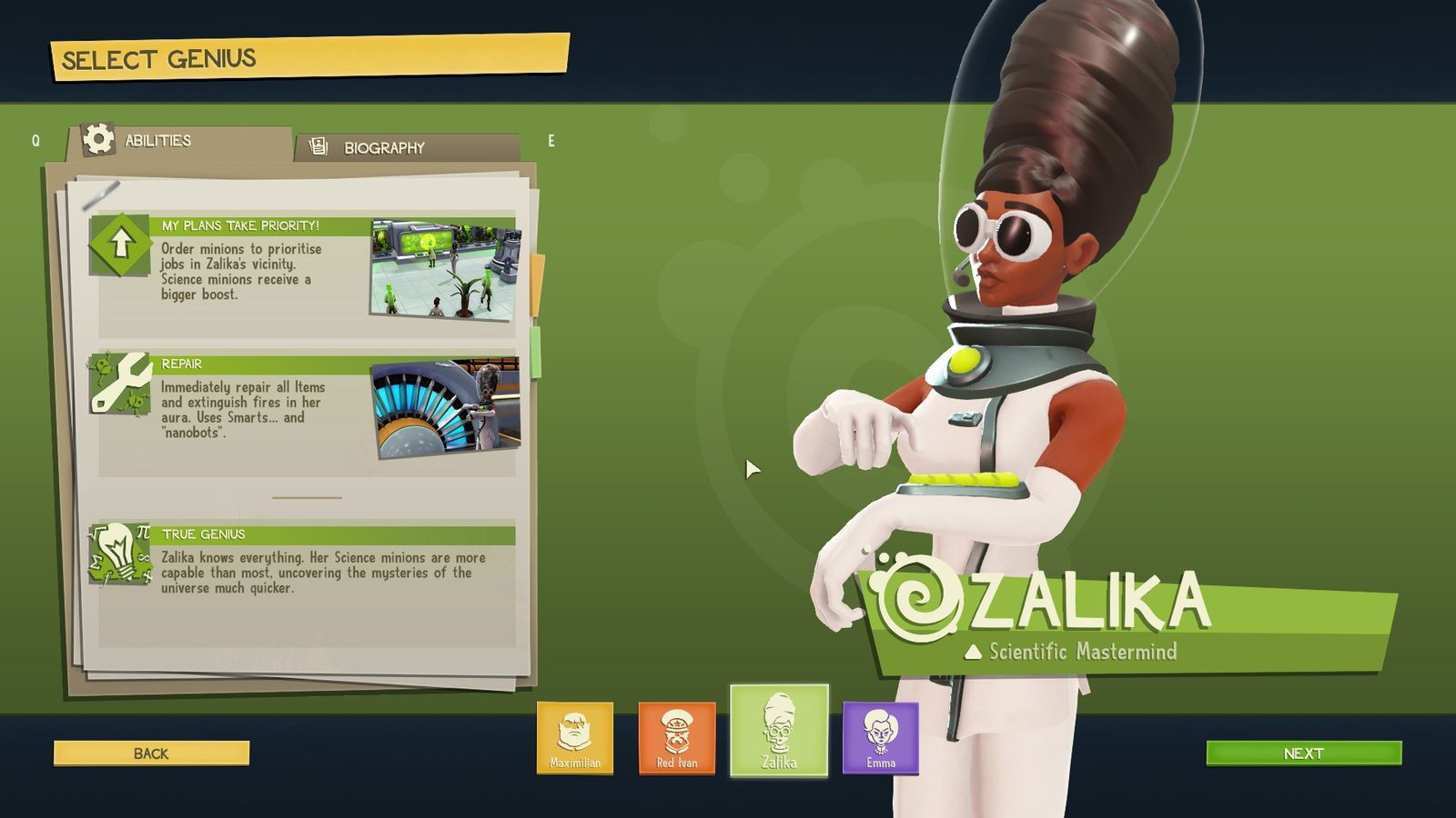 An image showing one of the four Geniuses in Evil Genius 2. This is Zalika, who focuses on science.