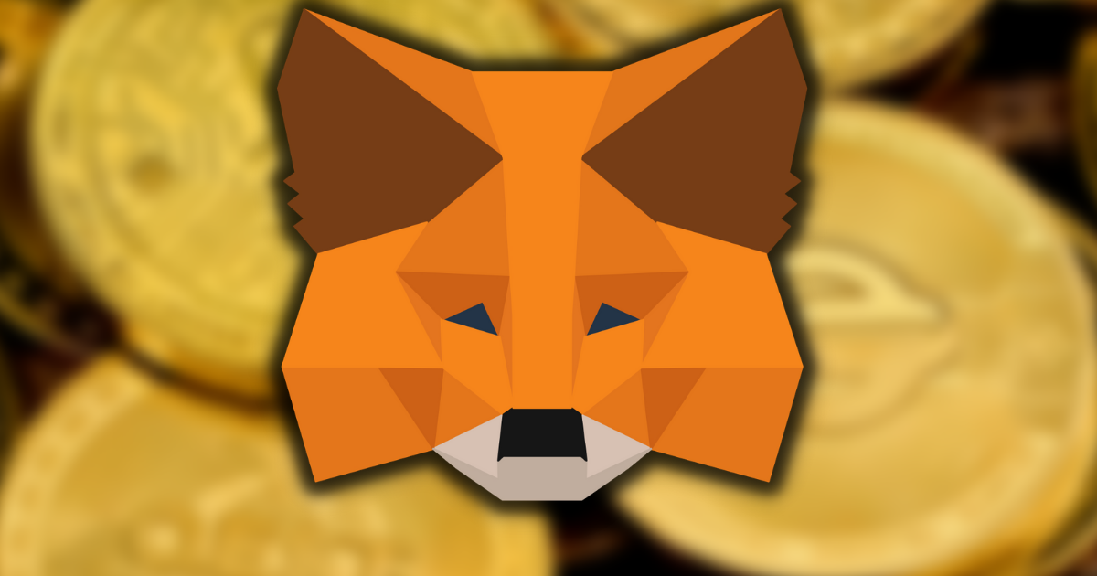 MetaMask logo with blurred cryptocurrency tokens in background.