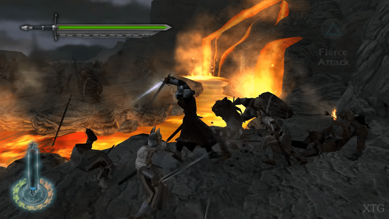 Combat in progress in The Lord of the Rings: The Two Towers.