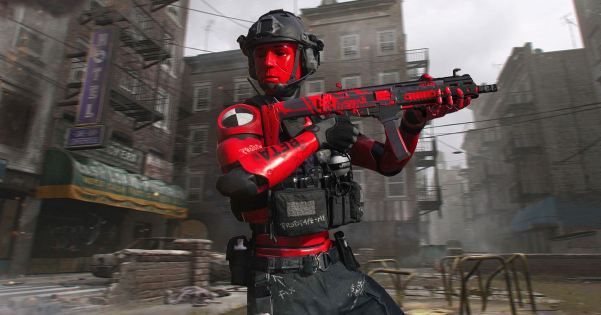 Modern Warfare 3 player holding gun with Skidrow map in background