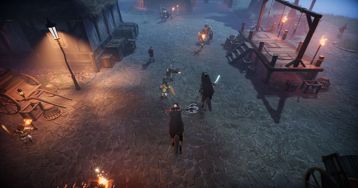 Image of riders trekking through a marketplace in V Rising.