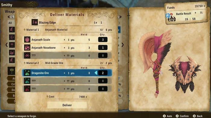 The crafting page in MH Stories 2, showing Mid-Grade Ore breakdowns for crafting the Anjanath Sword and Shield weapons