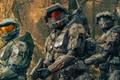 Halo TV Show’s Silver Team Master Chief, Kai and Riz standing next to a cliff 
