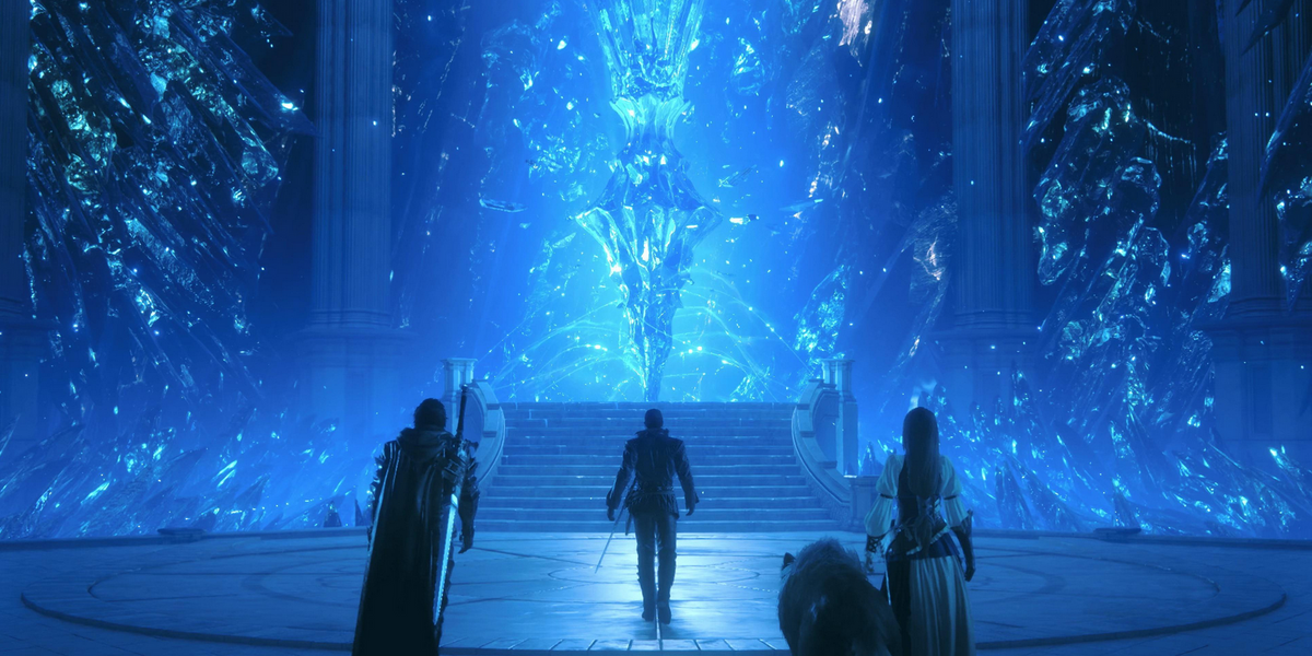 Final Fantasy 16 characters standing in front of blue crystal