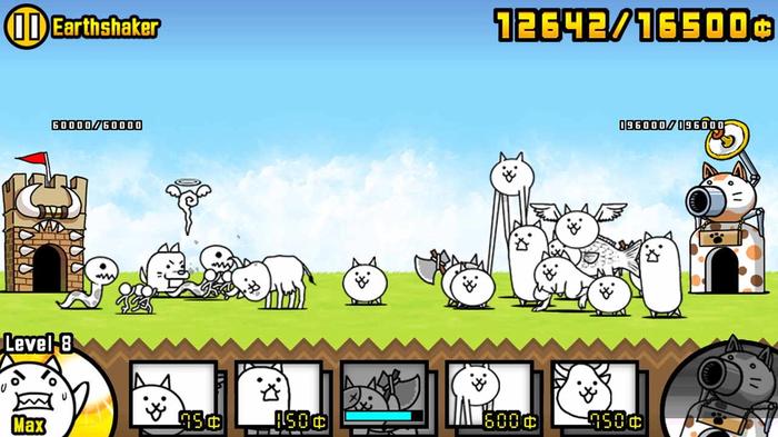 A screenshot of The Battle Cats with a big group of cats congregating
