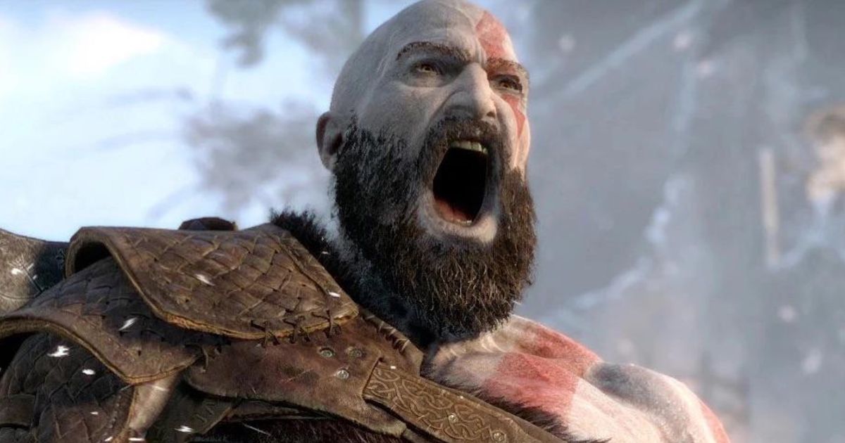 Kratos from PlayStation’s God of War screaming in a snowy forest 