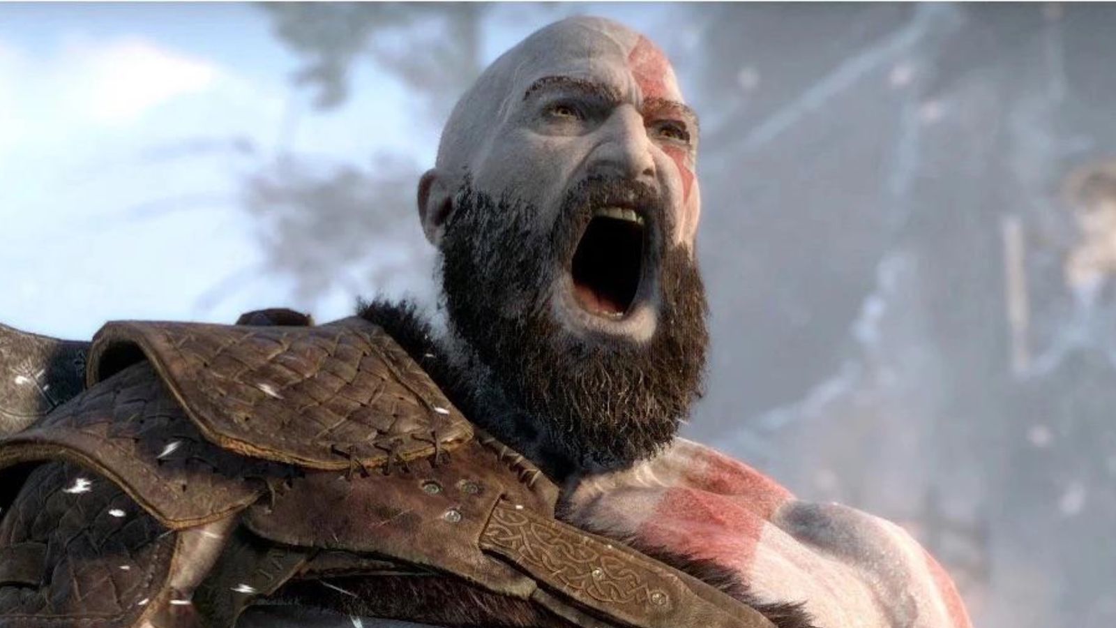 Kratos from PlayStation’s God of War screaming in a snowy forest 