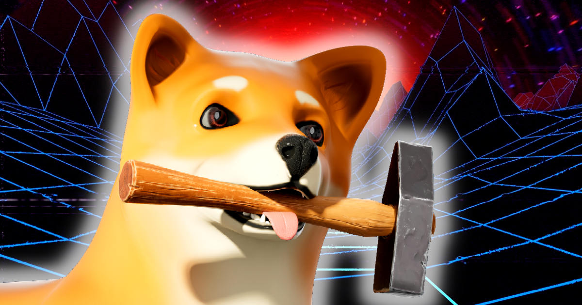 Shiba Inu Metaverse dog with hammer in its mouth, in a retro mountain range.
