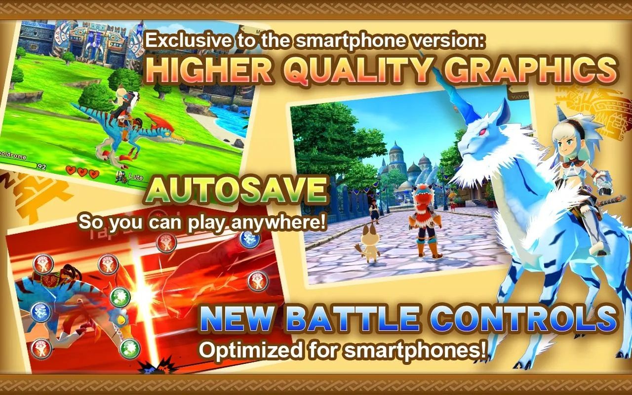 A promotional screenshot of the Monster Hunter Stories mobile port on iOS and Android showing HD remastered graphics.