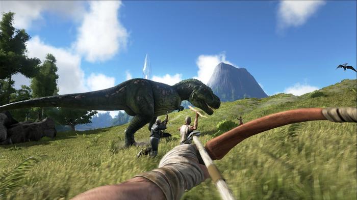 Image of the player aiming a bow and arrow at a dinosaur in ARK: Survival Evolved.