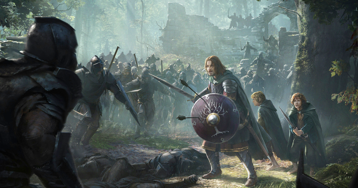 Screenshot from The Lord of the Rings: Rise to War, showing the fellowship in battle