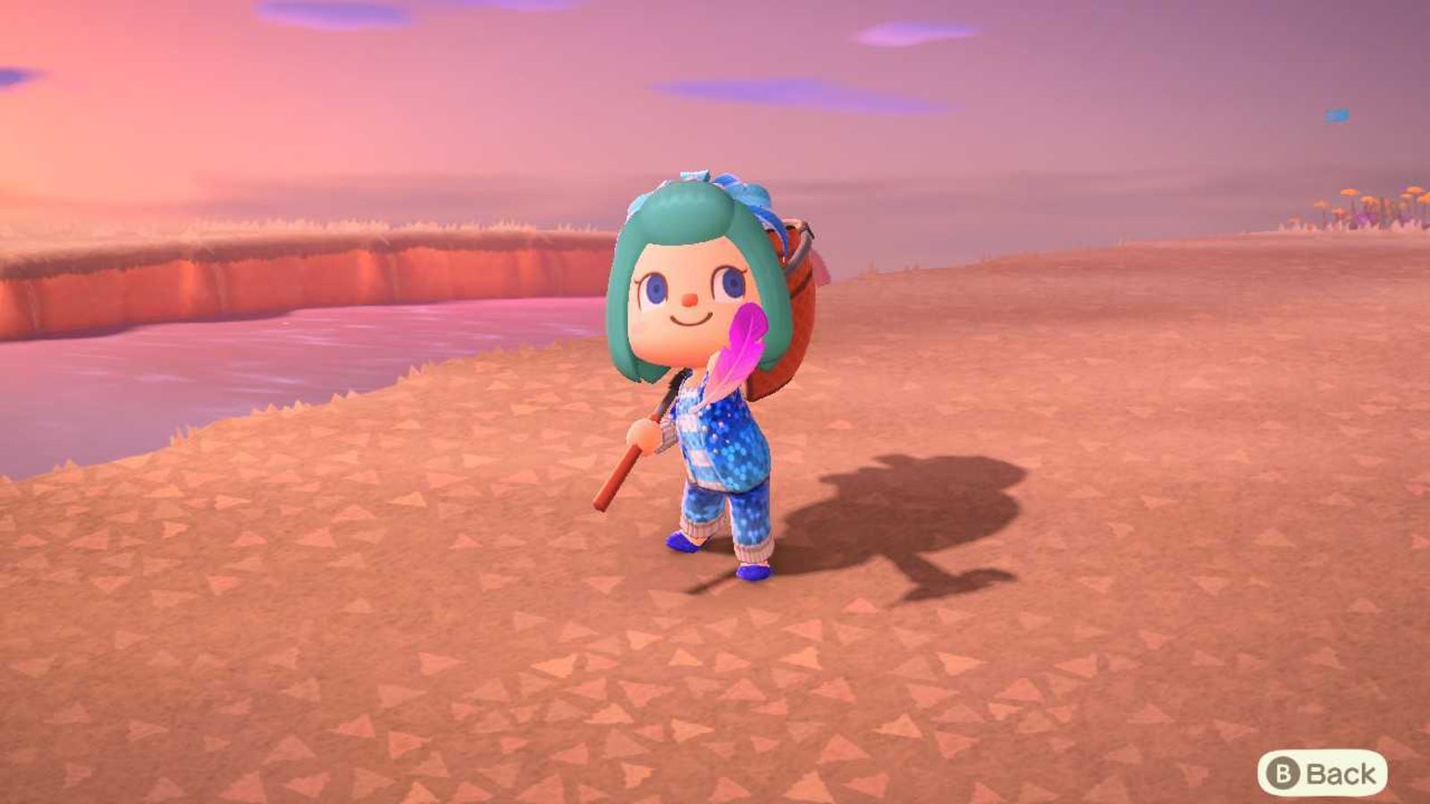 Animal Crossing New Horizons. The player is showing off a purple festivale feather that they have caught.