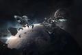 Image of a fleet of spaceships in Eve Online.