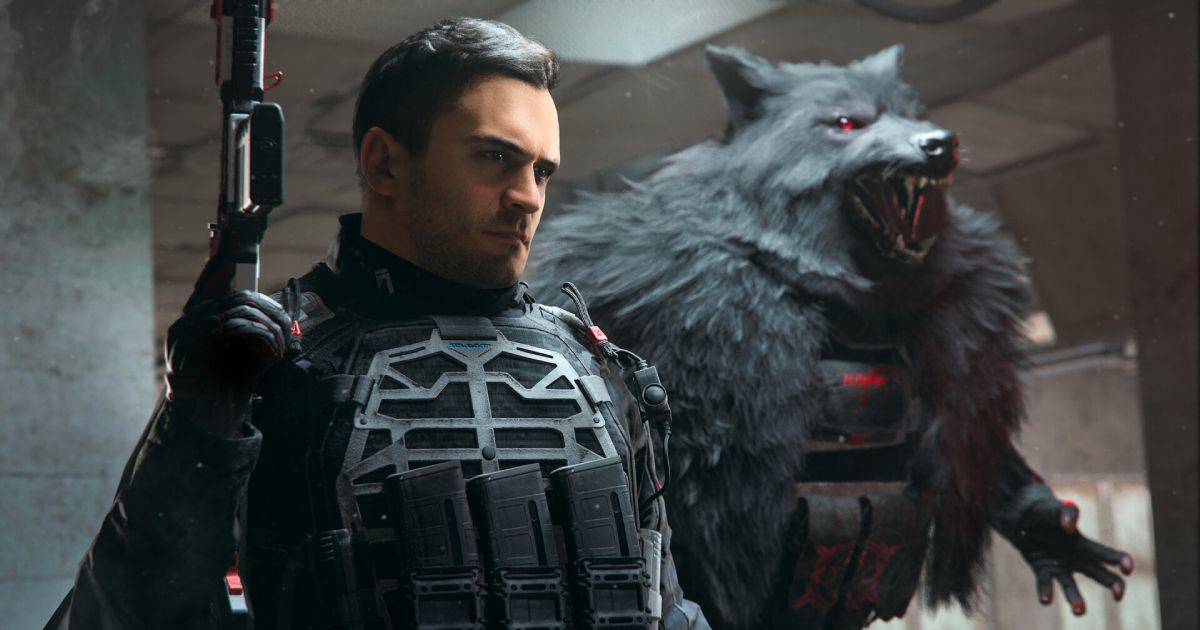A characterr in black armor holding a gun in Modern Warfare III with a grey wolf with red eyes behind them.