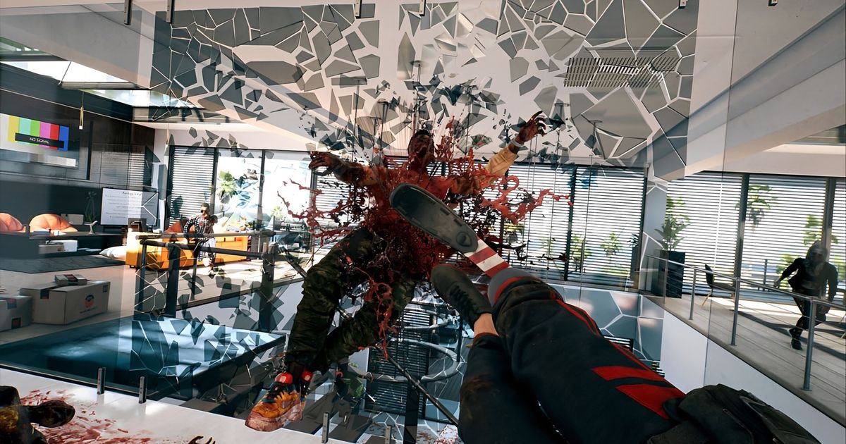 Dead Island 2 player kicking zombie through glass