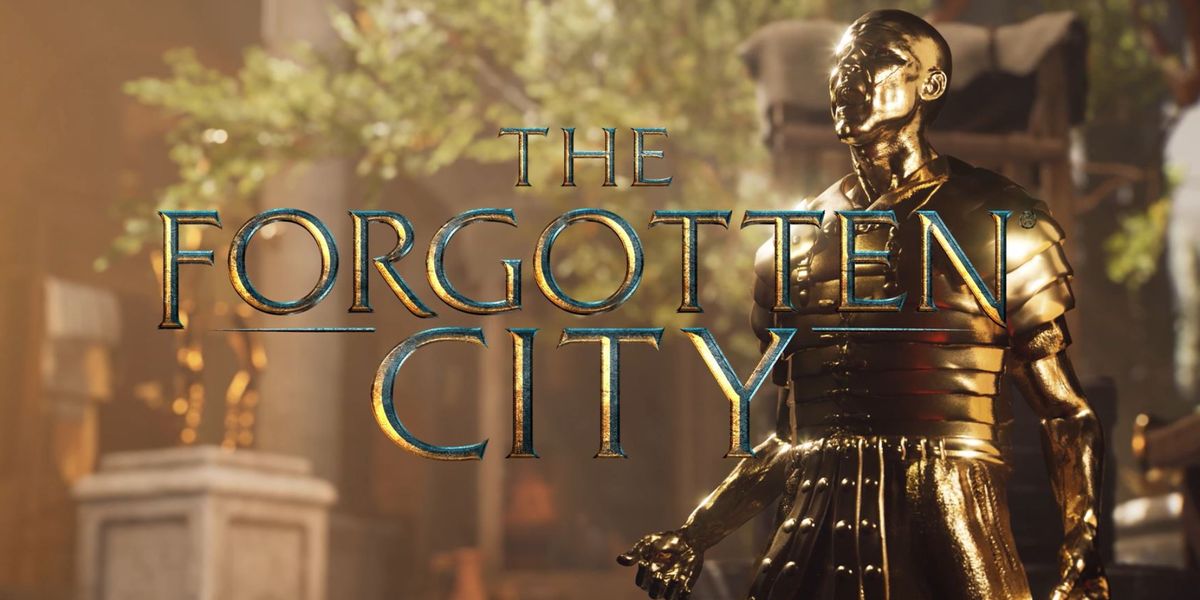 The Forgotten City title screen release trailer. The Forgotten City title is in the center of the screen and there is a golden gladiator on the right