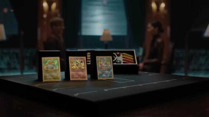 A screenshot of the Pokémon TCG Classic trailer featuring iconic cards.