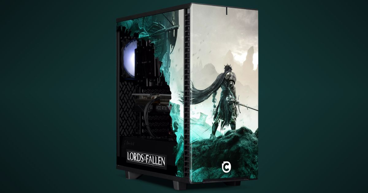 A black pre-built gaming PC featuring images from Lords of the Fallen on every side.