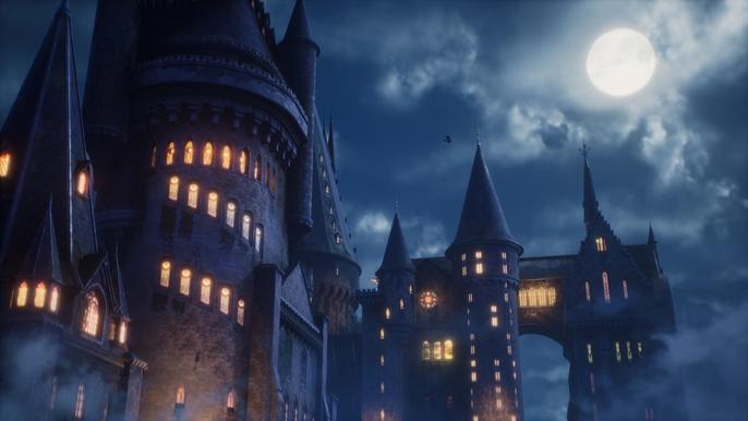 The castle by night in Hogwarts Legacy