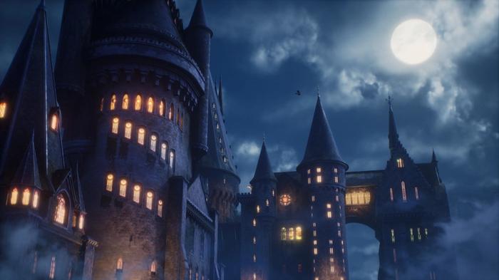 The castle by night in Hogwarts Legacy