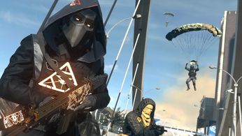 Warzone players running down a bridge while a third player parachutes down 