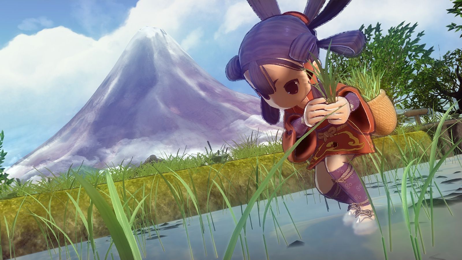 A character with purple hair wearing orange and purple clothes crouching down in water in front of a tall mountain in the background.