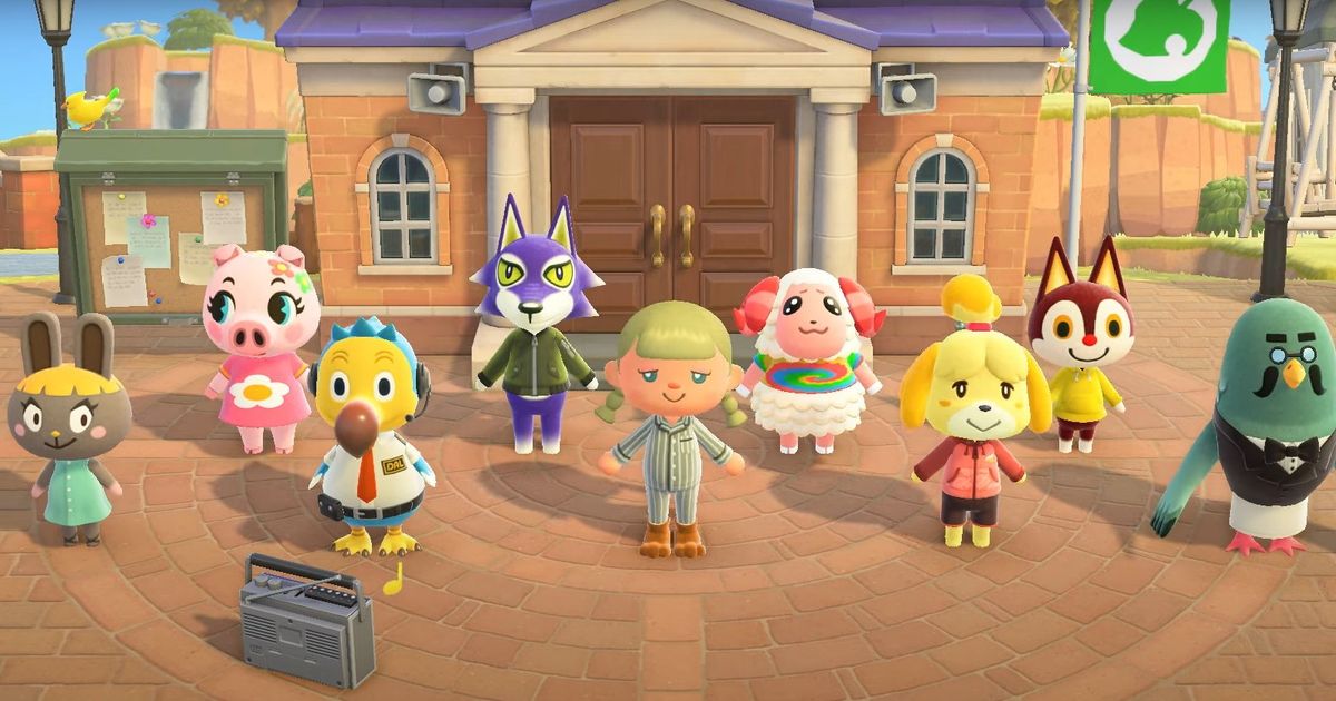 Villagers gathered in front of the Animal Crossing: New Horizons Town Hall to take part in Group Stretching.