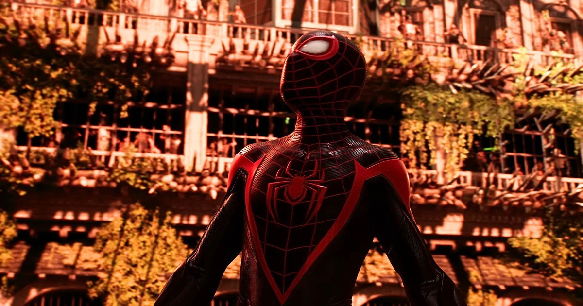 A mid shot of Miles Morales in his Spider-Man suit