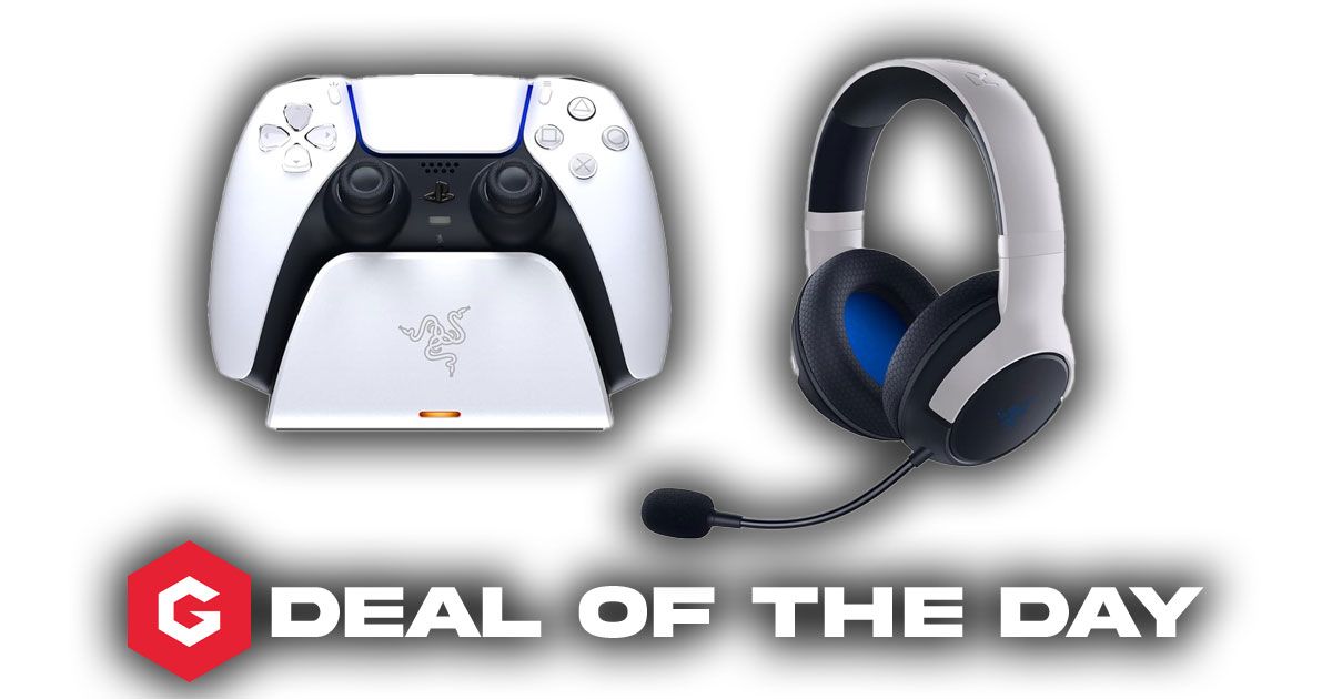 A white PS5 controller on a charging stand next to a white and black over-ear headset and above Gfinity Deal Of The Day branding.